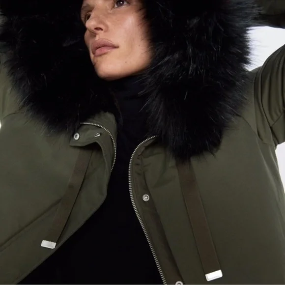 Zara Olive Green Puffer Parka Coat Faux Fur Hoodie Small - Picture 3 of 6
